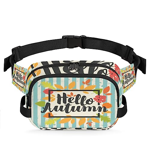 Hello Autumn Leaves Stripe Fanny Pack for Men Women, Fashionable Crossbody Belt Bags Square Waist Pack with Adjustable Strap for Travel Hiking Workout Cycling Running von cfpolar