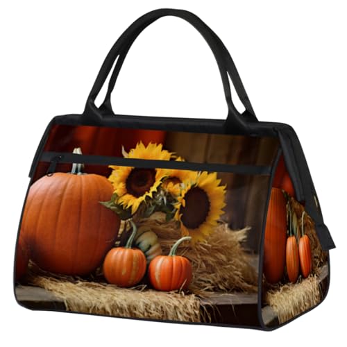 Herbst Kürbisse Sonnenblumen Muster Turnbeutel für Damen Herren, Reise Sport Duffel Bag mit Trolleyhülle, wasserdichte Sport Gym Bag Weekender Übernachtung Tasche Carry On Tote Bag für Reisen Gym von cfpolar