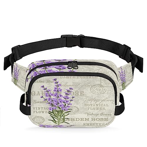 Lavendel Blumen Vintage Postkarte Fanny Pack für Männer Frauen, wasserdichte Reise Quadratische Hüfttasche Pack, Crossbody Brustgurt Bum Sling Umhängetasche Geldbörse für Reisen Wandern Radfahren von cfpolar