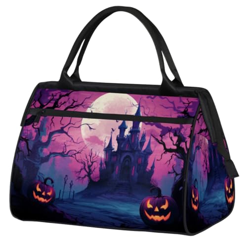 Lila Halloween Kürbis Haus Muster Turnbeutel für Damen Herren, Reise Sport Seesack mit Trolleyhülle, wasserdichte Sport Gym Bag Weekender Übernachtung Tasche Carry On Tote Bag für Reisen Gym Sport, von cfpolar