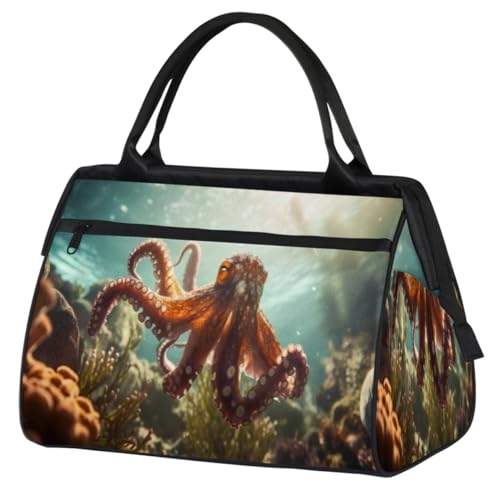 Marine Animals Octopus Coral Gym Bag for Women Men, Travel Sports Duffel Bag with Trolley Sleeve, Waterproof Sports Gym Bag Weekender Overnight Bag Carry On Tote Bag for Travel Gym Sport, Meerestiere von cfpolar