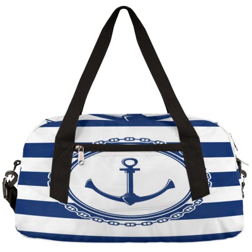 Marineblaue gestreifte Anker Muster Kinder Duffle Bag Mädchen Tanztasche Leicht Wasserabweisend Faltbar Sport Gym Bag Weekender Übernachtung Übernachtung Handgepäck Reisetasche für Jungen Mädchen von cfpolar