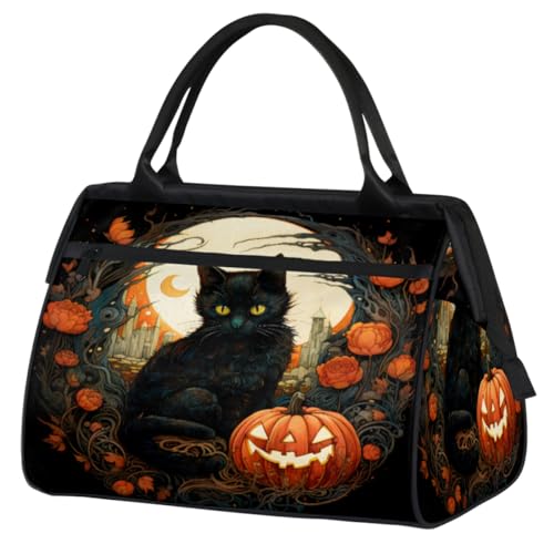 Moon Schwarze Katze Kürbisse Turnbeutel für Damen Herren, Reise Sport Duffel Bag mit Trolleyhülle, wasserdichte Sport Gym Bag Weekender Übernachtung Tasche Carry On Tote Bag für Reisen Gym Sport, Moon von cfpolar