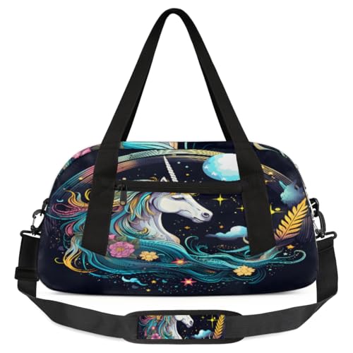 Moon Stars Kinder-Reisetasche, Motiv: Einhorn und Blume, leicht, wasserabweisend, faltbar, Sporttasche, Wochenender, Übernachtung, Handgepäcktasche für Schule, Praxis, Reisen, Jungen und Mädchen, von cfpolar