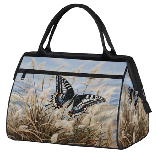 Mountain Flowers Butterfly Gym Bag for Women Men, Travel Sports Duffel Bag with Trolley Sleeve, Waterproof Sports Gym Bag Weekender Overnight Bag Carry On Tote Bag for Gym Sport Travel, Berg Blumen von cfpolar