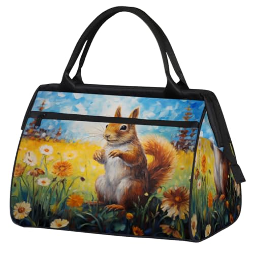 Niedliche Eichhörnchen Gänseblümchen Malerei Turnbeutel für Damen Herren, Reise Sport Duffel Bag mit Trolleyhülle, wasserdichte Sport Gym Bag Weekender Übernachtung Tasche Carry On Tote Bag für Gym von cfpolar