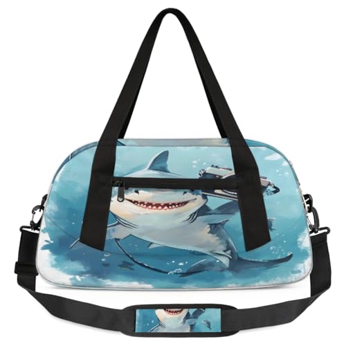 Niedliche Hai-Kamera-Fisch-Reisetasche für Kinder, leicht, wasserabweisend, faltbar, Sporttasche, Wochenender, Übernachtung, Handgepäcktasche für Schule, Praxis, Reisen, Jungen und Mädchen, Mehrfarbig von cfpolar