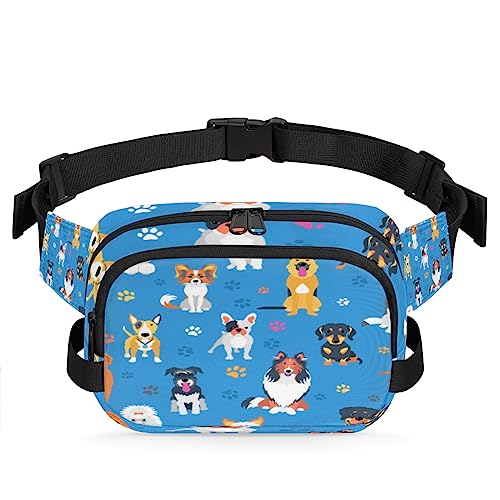 Niedliche Hunde-Fußabdrücke Blauer Hintergrund Bauchtasche für Männer Frauen, wasserdichte Reise Quadratische Hüfttasche Pack, Crossbody Brustgurt Bauchschlinge Schultertasche Geldbörse für Reisen von cfpolar