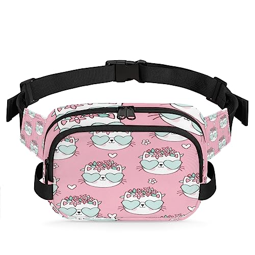 Niedliche Katzen Blume Liebe Brille Bauchtasche für Männer Frauen, wasserdichte Reise Quadratische Hüfttasche Pack, Crossbody Brustgurt Bauchschlinge Schultertasche Geldbörse für Reisen Wandern von cfpolar