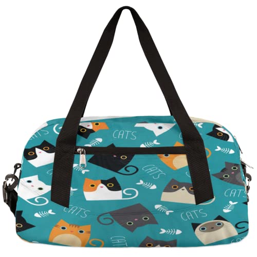 Niedliche Katzen Fischgräten Kinder Duffle Bag Mädchen Tanztasche Leicht Wasserabweisend Faltbar Sport Gym Bag Weekender Übernachtung Übernachtung Handgepäck Reisetasche für Jungen Mädchen von cfpolar