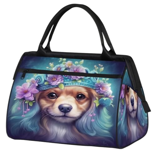 Niedlicher Hund mit Blumen Hut Turnbeutel für Damen Herren, Reise Sport Duffel Bag mit Trolleyhülle, wasserdichte Sport Gym Bag Weekender Übernachtung Tasche Carry On Tote Bag für Reisen Gym Sport, von cfpolar