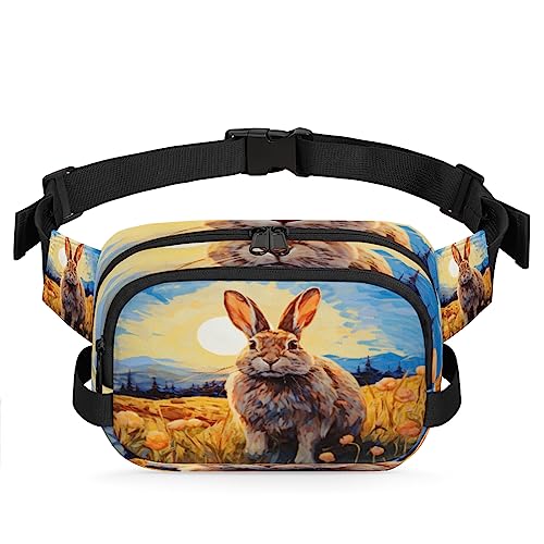 Ölgemälde Kaninchen Blume Bauchtasche für Männer Frauen, modische Crossbody-Gürteltaschen, quadratische Hüfttasche mit verstellbarem Gurt für Reisen, Wandern, Workout, Radfahren, Laufen von cfpolar