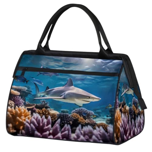 Ocean Shark Fish Coral Turnbeutel für Damen und Herren, Reise-Sporttasche mit Trolleyhülle, wasserdichte Sporttasche, Weekender Übernachtungstasche, Tragetasche für Fitnessstudio, Sport, Reisen, Ozean von cfpolar