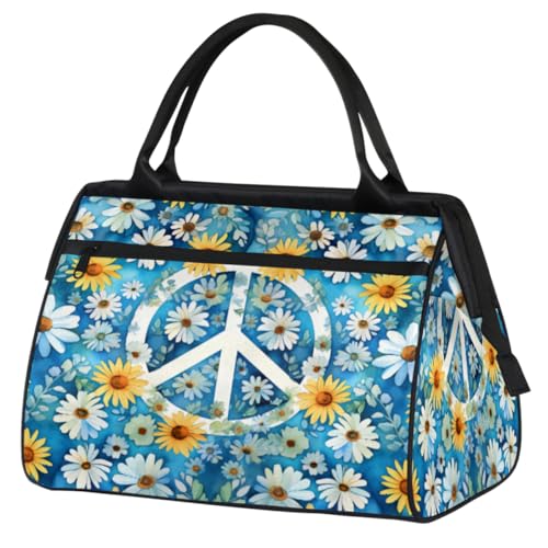 Peace Sign Daisy Flowers Gym Bag for Women Men, Travel Sports Duffel Bag with Trolley Sleeve, Waterproof Sports Gym Bag Weekender Overnight Bag Carry On Tote Bag for Travel Gym Sport, Friedenszeichen von cfpolar