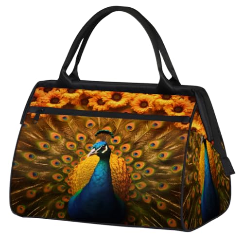 Peacock Opens Feather Sunflowers Gym Bag for Women Men, Travel Sports Duffel Bag with Trolley Sleeve, Waterproof Sports Gym Bag Weekender Overnight Bag Carry On Tote Bag for Travel Gym Sport, Pfau von cfpolar