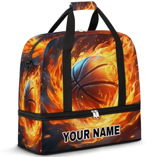 Personalisierbare Reisetasche für Damen und Herren, personalisierbar, Sporttasche mit Schuhfach, faltbare Tanztasche, Wochenendtasche, Übernachtungstasche, Feuer-Basketball-Muster, von cfpolar