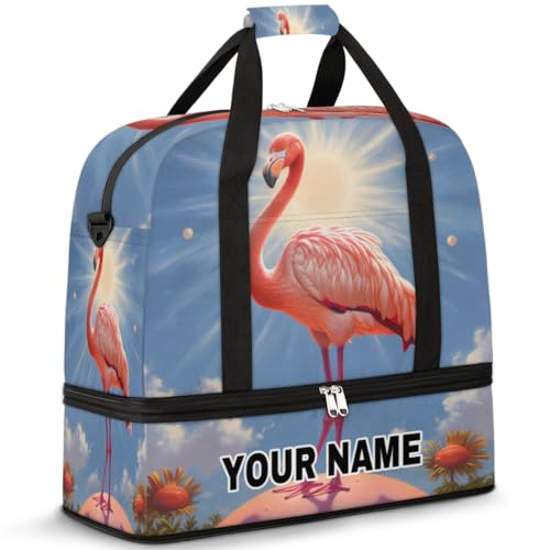 Personalisierbare Reisetasche für Damen und Herren, personalisierbar, Sporttasche mit Schuhfach, faltbare Tanztasche, Wochenendtasche, Übernachtungstasche, Flamingo, Sonnenblumen, Sonne, von cfpolar