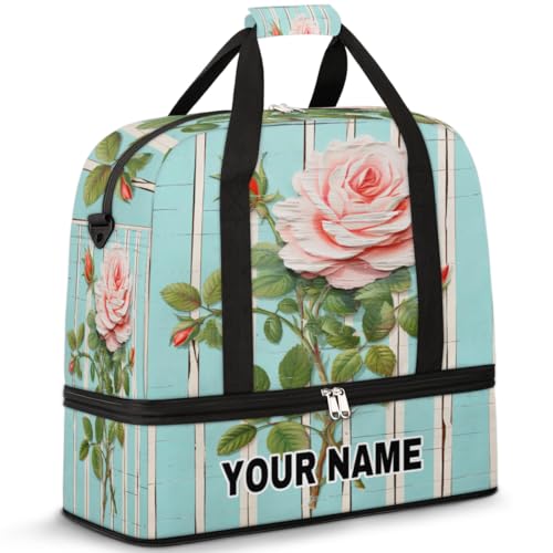 Personalisierbare Reisetasche für Damen und Herren, personalisierbar, Sporttasche mit Schuhfach, faltbare Tanztasche, Wochenendtasche, Übernachtungstasche, Rosenblüten-Holzhintergrund, Holzhintergrund von cfpolar