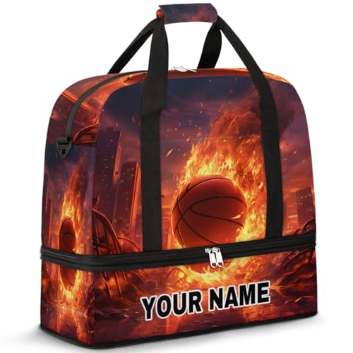 Personalisierbare Reisetasche für Damen und Herren, personalisierbar, Sporttasche mit Schuhfach, faltbare Tanztasche, Wochenendtasche, Übernachtungstasche, Sport, Feuer, Basketball, Stadt, Sports Fire von cfpolar