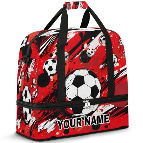 Personalisierbare Reisetasche für Damen und Herren, personalisierbar, Sporttasche mit Schuhfach, faltbare Tanztasche, Wochenendtasche, Übernachtungstasche, Sport, Fußball, Rot, Batikfärbung, von cfpolar