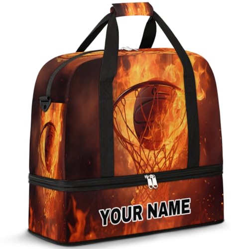 Personalisierbare Reisetasche für Damen und Herren, personalisierbar, Sporttasche mit Schuhfach, faltbare Tanztasche, Wochenendtasche, Übernachtungstasche, Sport, brennendes Feuer, Basketball, Sports von cfpolar