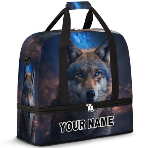 Personalisierbare Reisetasche für Damen und Herren, personalisierbar, Sporttasche mit Schuhfach, faltbare Tanztasche, Wochenendtasche, Übernachtungstasche, Tier, Feuer, Wolf, Sternenhimmel, Animal von cfpolar