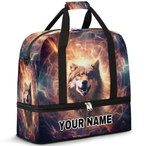 Personalisierbare Reisetasche für Damen und Herren, personalisierbar, Sporttasche mit Schuhfach, faltbare Tanztasche, Wochenendtasche, Übernachtungstasche, Tier, Feuerwolf, Animal Fire Wolf, von cfpolar