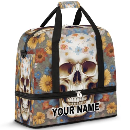 Personalisierbare Reisetasche für Damen und Herren, personalisierbar, Sporttasche mit Schuhfach, faltbare Tanztasche, Wochenendtasche, Übernachtungstasche, Totenkopf, buntes Blumenmuster, von cfpolar