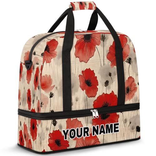 Personalisierbare Reisetasche für Damen und Herren, personalisierbar, Sporttasche mit Schuhfach, faltbare Tanztasche, Wochenendtasche, Übernachtungstasche, Vintage-Blumenmuster, rote Mohnblumen, von cfpolar