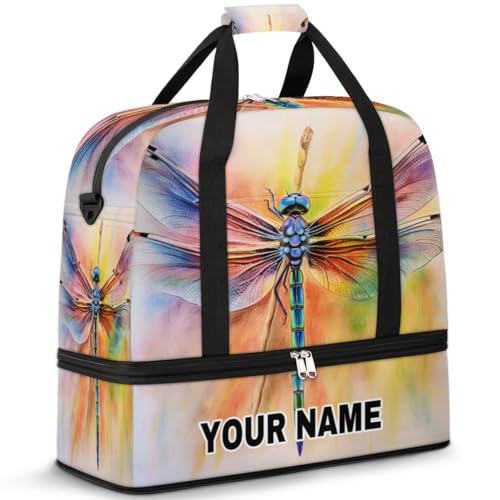 Personalisierbare Reisetasche für Damen und Herren, personalisierbar, Sporttasche mit Schuhfach, faltbare Tanztasche, Wochenendtasche, Übernachtungstasche, Wasserfarben, Libelle, Aquarell Libelle, von cfpolar