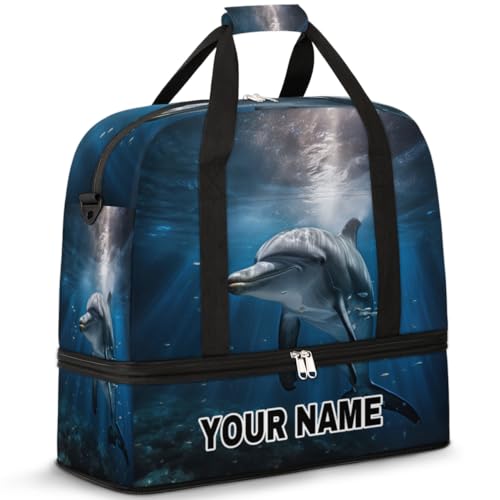 Personalisierbare Reisetasche für Damen und Herren, personalisierbar, Sporttasche mit Schuhfach, faltbare Tanztasche, Wochenendtasche, Übernachtungstasche, blauer Meeresdelfin, Fisch, Blauer von cfpolar