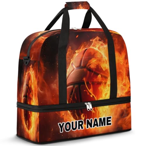 Personalisierbare Reisetasche für Damen und Herren, personalisierbar, Sporttasche mit Schuhfach, faltbare Tanztasche, Wochenendtasche, Übernachtungstaschen, Burning Fire Basketball, Burning Fire von cfpolar