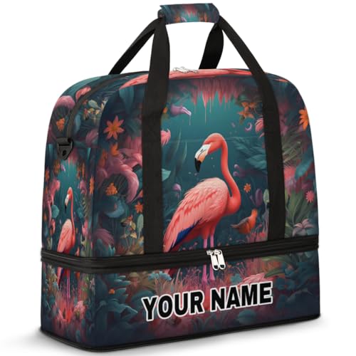 Personalisierbare Reisetasche für Damen und Herren, personalisierbar, Sporttasche mit Schuhfach, faltbare Tanztasche, Wochenendtasche, Übernachtungstaschen, Flamingo-Blätter, Flamingo Fowers Blätter, von cfpolar