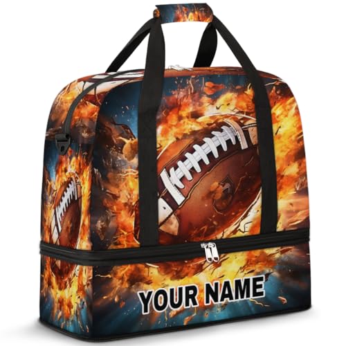 Personalisierbare Reisetasche für Damen und Herren, personalisierbar, Sporttasche mit Schuhfach, faltbare Tanztasche, Wochenendtasche, Übernachtungstaschen, Sport, American Football Fire, Sports von cfpolar