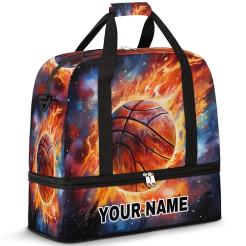 Personalisierbare Reisetasche für Damen und Herren, personalisierbar, Sporttasche mit Schuhfach, faltbare Tanztasche, Wochenendtasche, Übernachtungstaschen, Weltraum, Sternenhimmel, Feuer, Basketball, von cfpolar