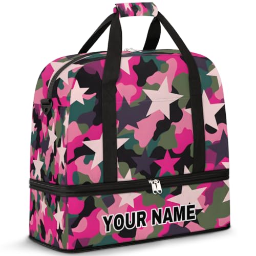 Personalisierbare Reisetasche für Damen und Herren, personalisierbar, Sporttasche mit Schuhfach, faltbare Tanztasche, Wochenendtasche, Übernachtungstaschen, rosa und grün, Camouflage-Sterne, von cfpolar