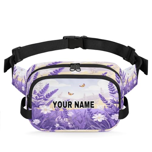 Personalisierte Bauchtasche für Männer und Frauen, wasserdicht, individueller Namen, Reise-Hüfttasche, Brustgürtel, Gürteltasche, Umhängetasche, Geldbörse, violett, weiß, Blumen, Schmetterling, von cfpolar