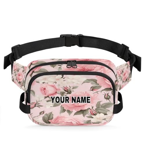 Personalisierte Bauchtasche für Männer und Frauen, wasserdicht, individueller Namen, Reise-Hüfttasche, personalisierbar, Brustgürtel, Bauchtasche, Umhängetasche, Geldbörse, weiße rosa Blumen und von cfpolar