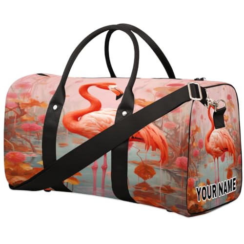 Personalisierte Reisetasche, Sporttasche, Reisetasche, Reisetasche, faltbar, Tanztasche, Wochenendtasche, Übernachtungstasche, Handgepäck, Handtasche für Damen und Herren, Flamingo-Blumen und Blätter, von cfpolar