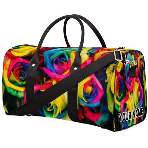 Personalisierte Reisetasche, Sporttasche, Reisetasche, Reisetasche, faltbar, Tanztasche, Wochenendtasche, Übernachtungstasche, Handgepäck, Handtasche für Damen und Herren, Regenbogen-Rose, von cfpolar