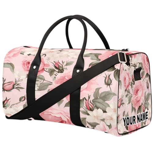 Personalisierte Reisetasche, Sporttasche, Reisetasche, Reisetasche, faltbar, Tanztasche, Wochenendtasche, Übernachtungstasche, Handgepäck, Handtasche für Damen und Herren, Weiß / Rosa mit Blumen und von cfpolar