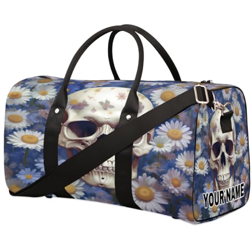 Personalisierte Reisetasche, Sporttasche, Reisetasche, Reisetasche, faltbar, Tanztasche, Wochenendtasche, Übernachtungstasche, Handgepäck, Handtasche für Damen und Herren, cooler Totenkopf, weiße von cfpolar