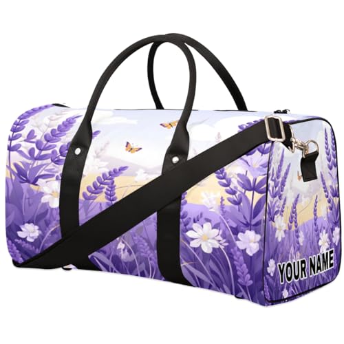 Personalisierte Reisetasche, Sporttasche, Reisetasche, Reisetasche, faltbar, Tanztasche, Wochenendtasche, Übernachtungstasche, Handgepäck, Handtasche für Damen und Herren, violett, weiß, Blumen, von cfpolar