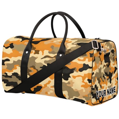 Personalisierte Reisetasche, Sporttasche, Reisetasche, faltbar, Tanztasche, Wochenendtasche, Übernachtungstasche, Handgepäck, Handtasche für Damen und Herren, Camouflage, Orange, Camouflage, Orange, von cfpolar