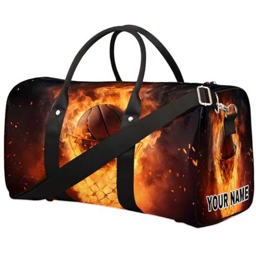 Personalisierte Reisetasche, Sporttasche, Reisetasche, faltbar, Tanztasche, Wochenendtasche, Übernachtungstasche, Handgepäck, Handtasche für Damen und Herren, Sport, brennendes Feuer, Basketball, von cfpolar