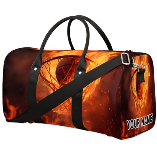 Personalisierte Reisetasche, Sporttasche, Reisetasche, faltbar, Tanztasche, Wochenendtasche, Übernachtungstasche, Handgepäck, Handtasche für Damen und Herren, Sport, brennendes Feuer, Basketball, von cfpolar