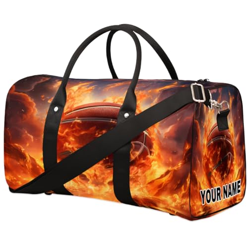 Personalisierte Reisetasche, Sporttasche, Reisetasche, faltbar, Tanztasche, Wochenendtasche, Übernachtungstasche, Handgepäck, Handtasche für Damen und Herren, Sport-Feuer-Basketball-Muster, von cfpolar