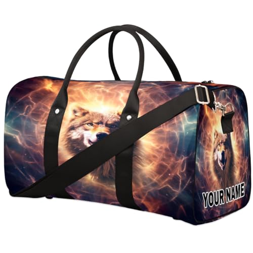 Personalisierte Reisetasche, Sporttasche, Reisetasche, faltbar, Tanztasche, Wochenendtasche, Übernachtungstasche, Handgepäck, Handtasche für Damen und Herren, Tier, Feuer, Wolf, Animal Fire Wolf, von cfpolar