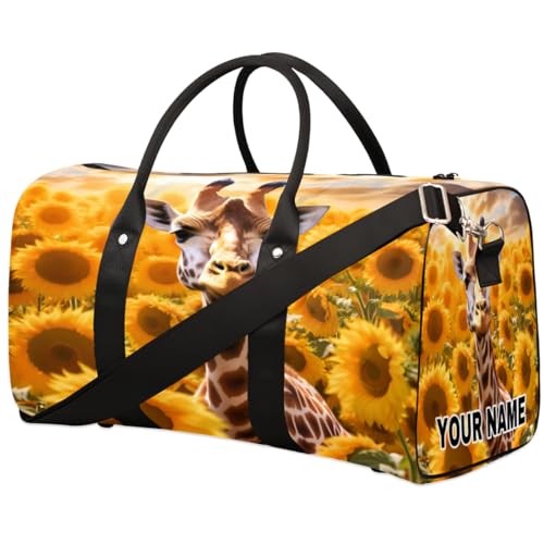 Personalisierte Reisetasche, Sporttasche, Reisetasche, faltbar, Tanztasche, Wochenendtasche, Übernachtungstasche, Handgepäck, Handtasche für Damen und Herren, Tiere, Giraffe, Sonnenblumenfelder, von cfpolar