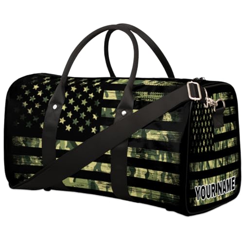 Personalisierte Reisetasche, Sporttasche, Reisetasche, faltbar, Tanztasche, Wochenendtasche, Übernachtungstasche, Handgepäck, Handtasche für Damen und Herren, grüne Tarnung, amerikanische Flagge, von cfpolar